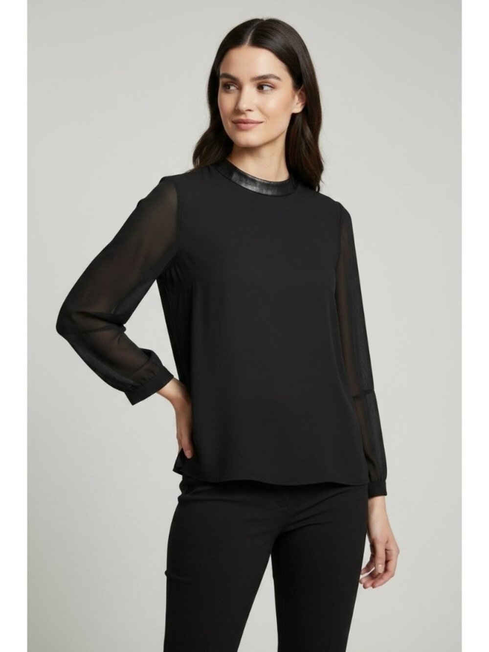 Tibi Black Silk Blouse Leather Trim Sheer Sleeves Minimalist Top Size 8